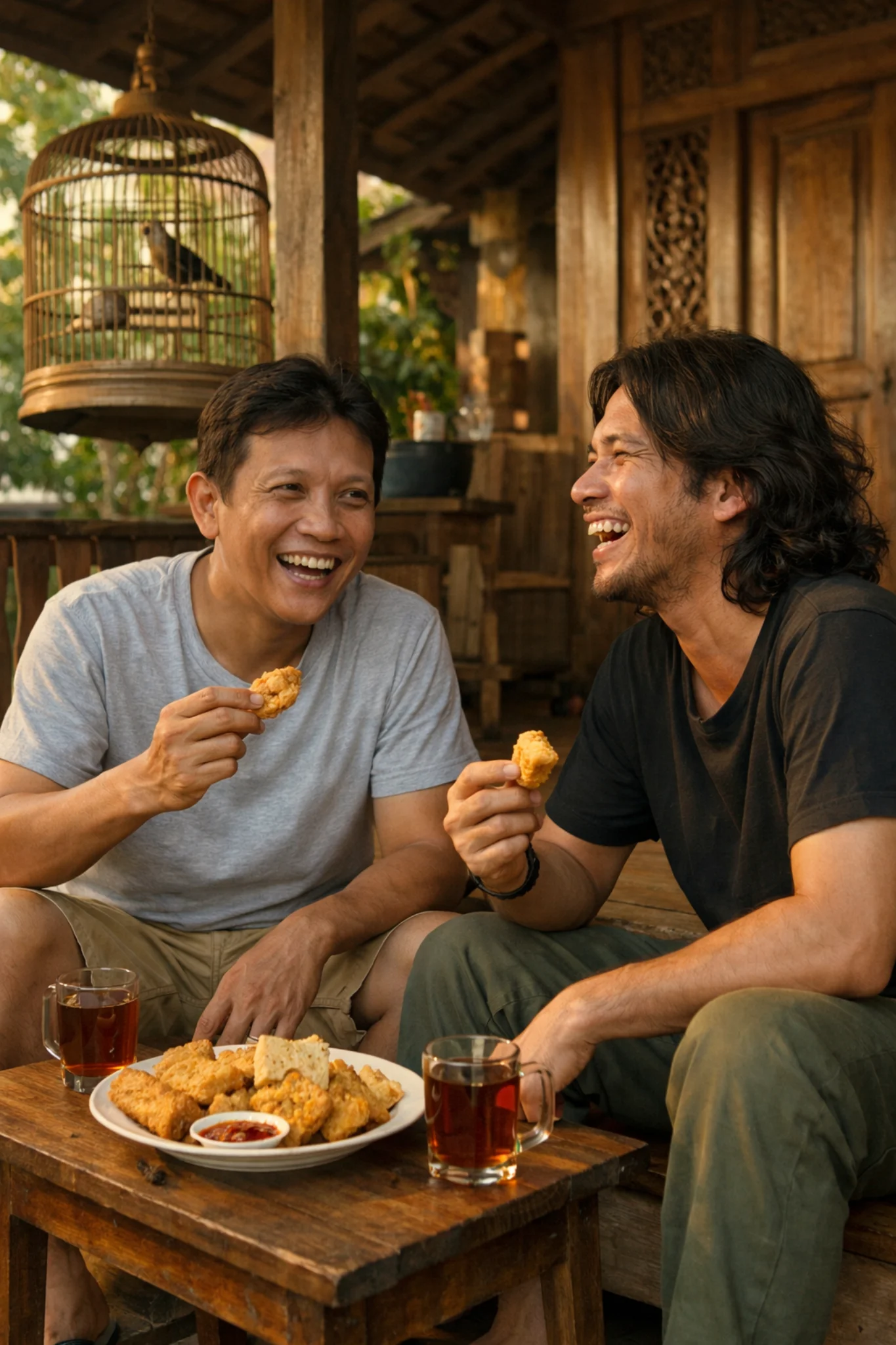 dua sahabat sedang minum teh_ilustrasi artikel benarkah lawan kata ke dalam itu keluar?