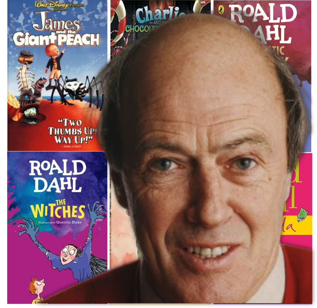 Roald Dahl dengan latar sampul buku James and the Giant Peach, Charlie and the Chocolate Factory, The Witches, dan lainnya.