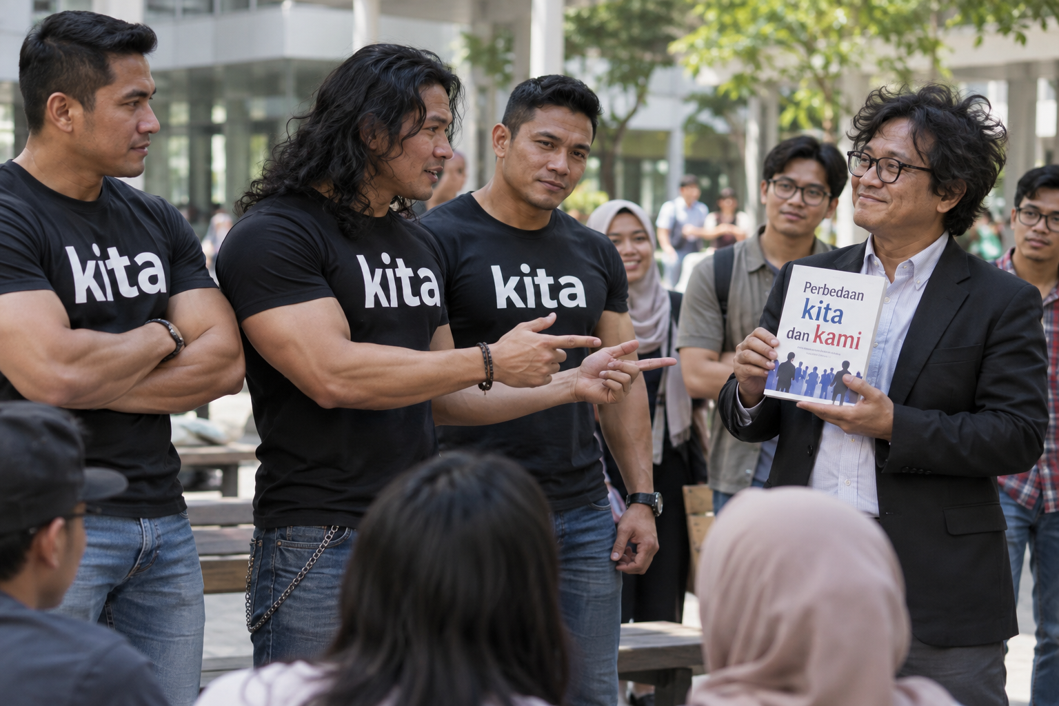 tiga orang menyatakan kita, pria di depannya hanya senyum menunjukkan sebuah buku.
