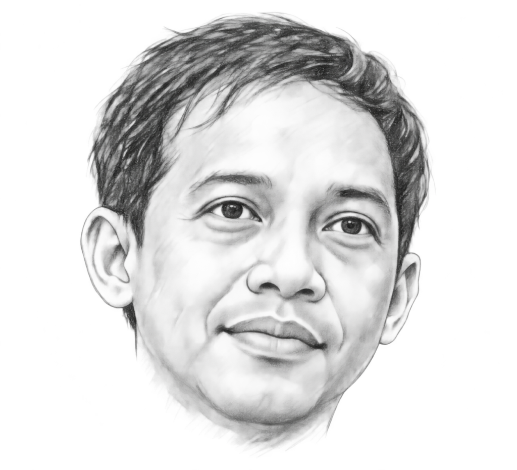 Sketsa wajah Raja Juli Antoni dengan goresan pensil, tanpa latar belakang