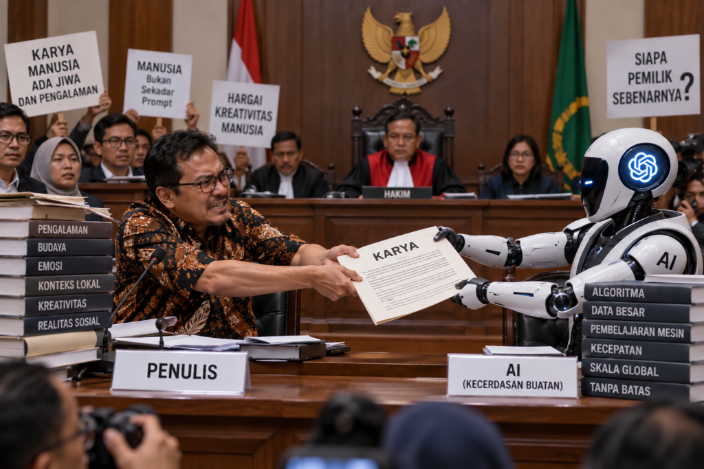 Ilustrasi kepemilikan konten AI dan kontribusi kreatif manusia