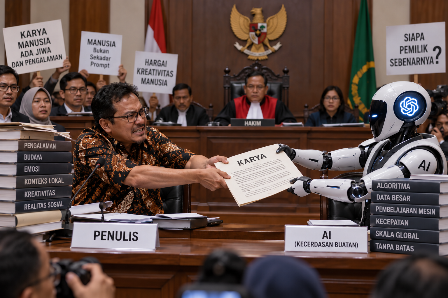 Ilustrasi kepemilikan konten AI dan kontribusi kreatif manusia